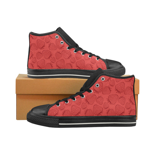 strawberry pattern red background Women's High Top Canvas Shoes Black