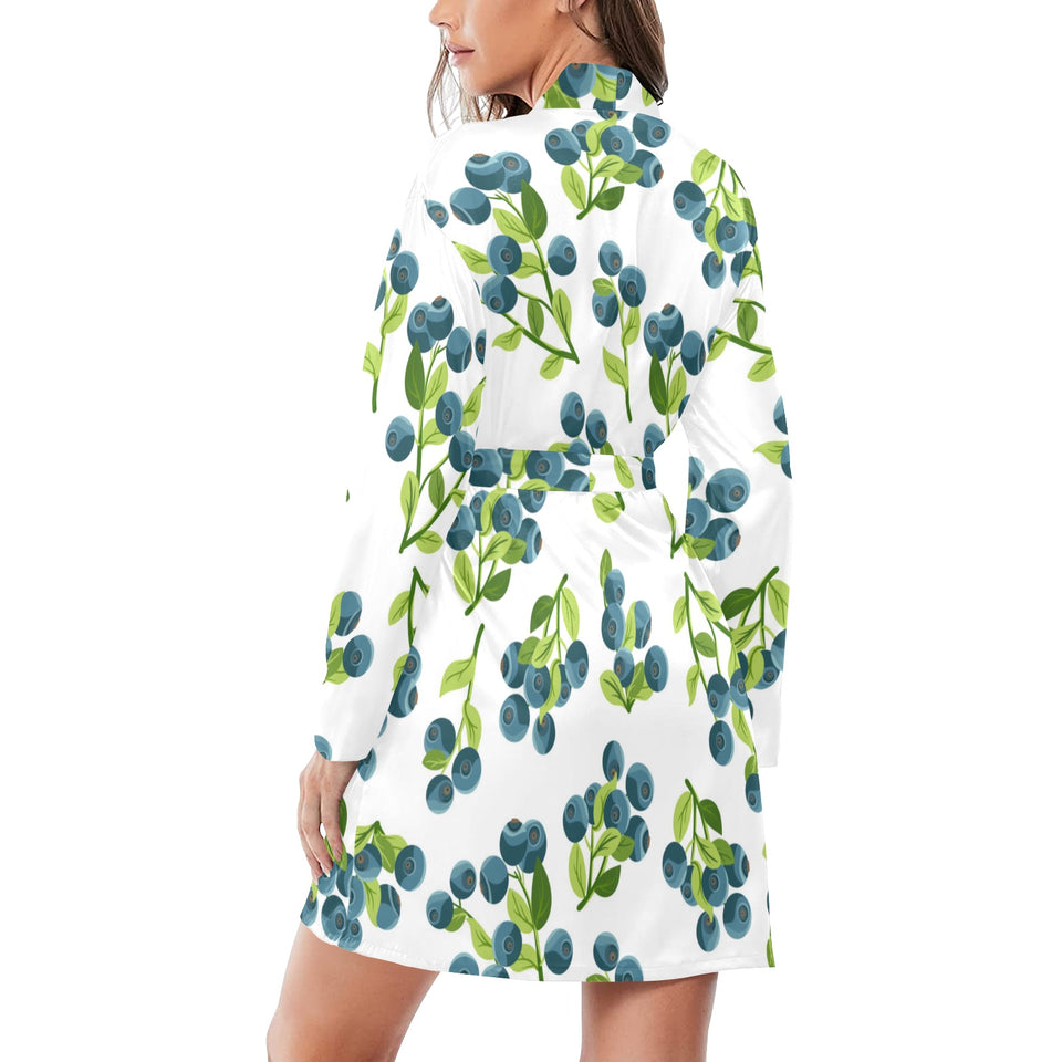blueberry white background Women's Long Sleeve Belted Night Robe