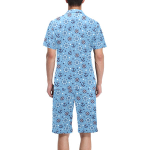 Anchors rudder compass star nautical pattern Men's V-Neck Short Pajama Set