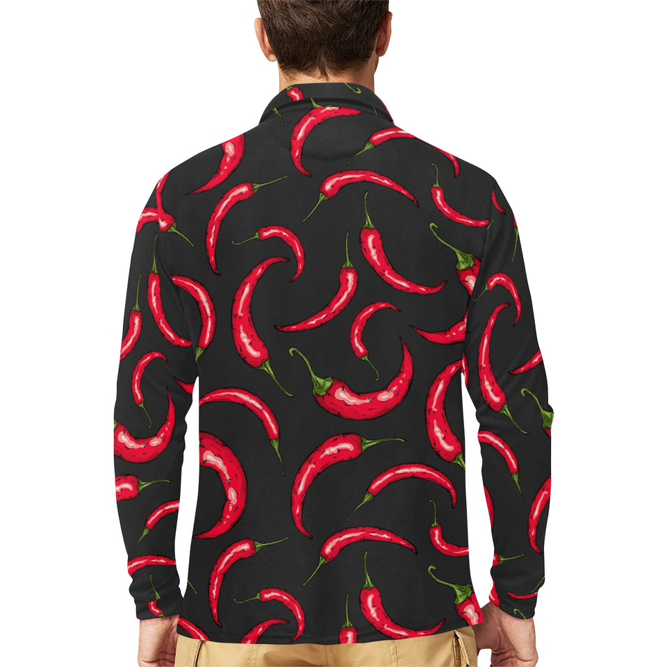 Chili peppers pattern black background Men's Long Sleeve Polo Shirt