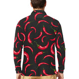 Chili peppers pattern black background Men's Long Sleeve Polo Shirt
