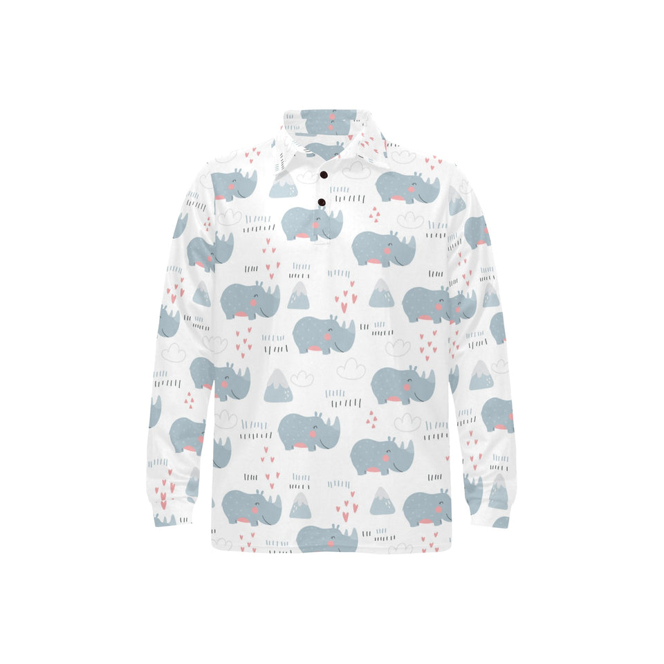 cute rhino heart pattern Men's Long Sleeve Polo Shirt