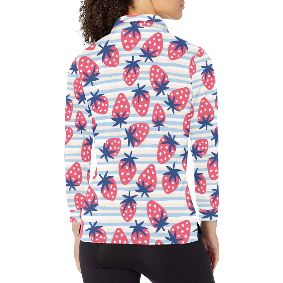 Strawberry pattern blue lines background Women's Long Sleeve Polo Shirt