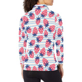 Strawberry pattern blue lines background Women's Long Sleeve Polo Shirt