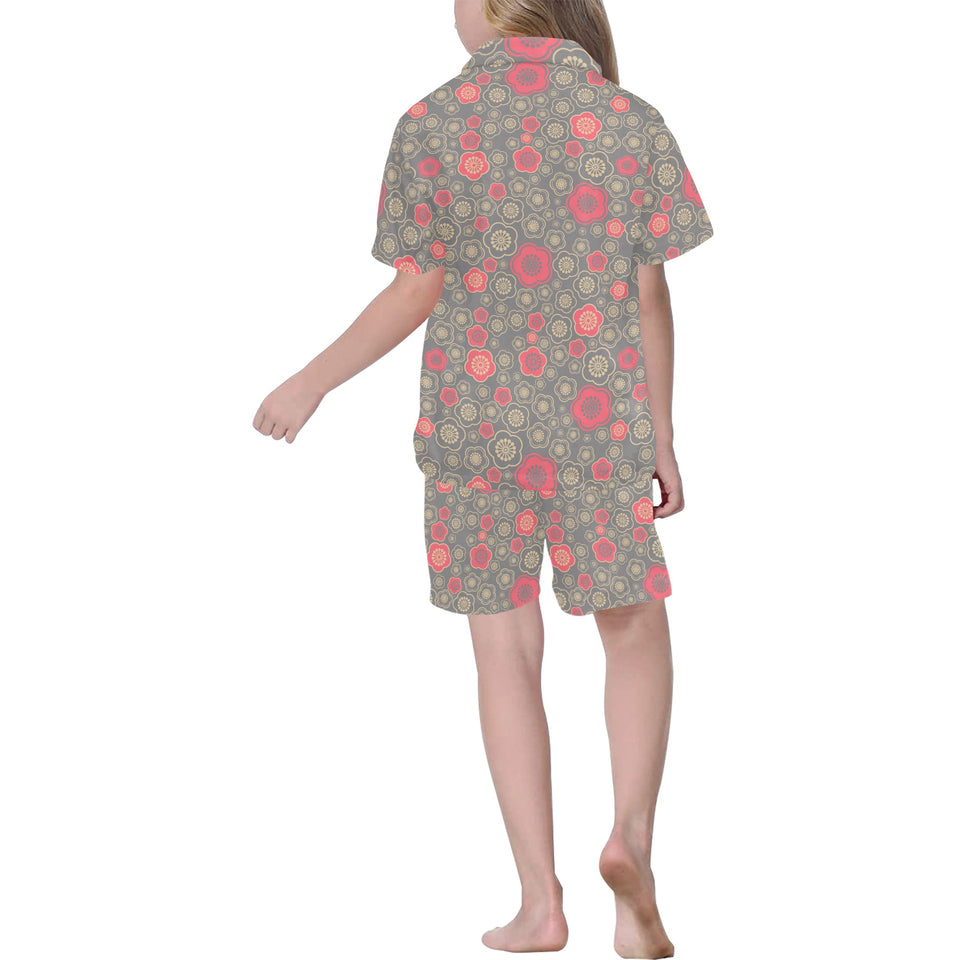 Red gold Sakura cherry blossom gray background Kids' Boys' Girls' V-Neck Short Pajama Set
