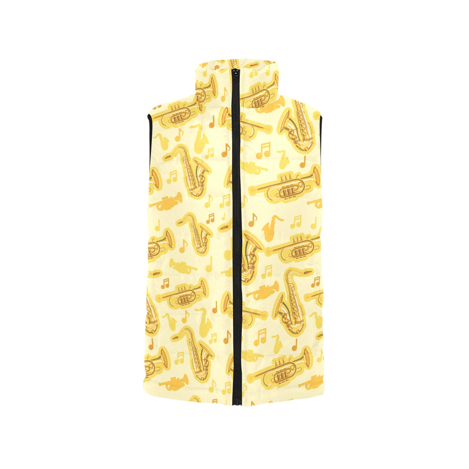 Saxophone cornet pattern yellow background Women's Padded Vest
