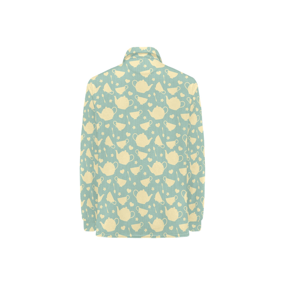 Tea pots Pattern Print Design 02 Women's Long Sleeve Polo Shirt