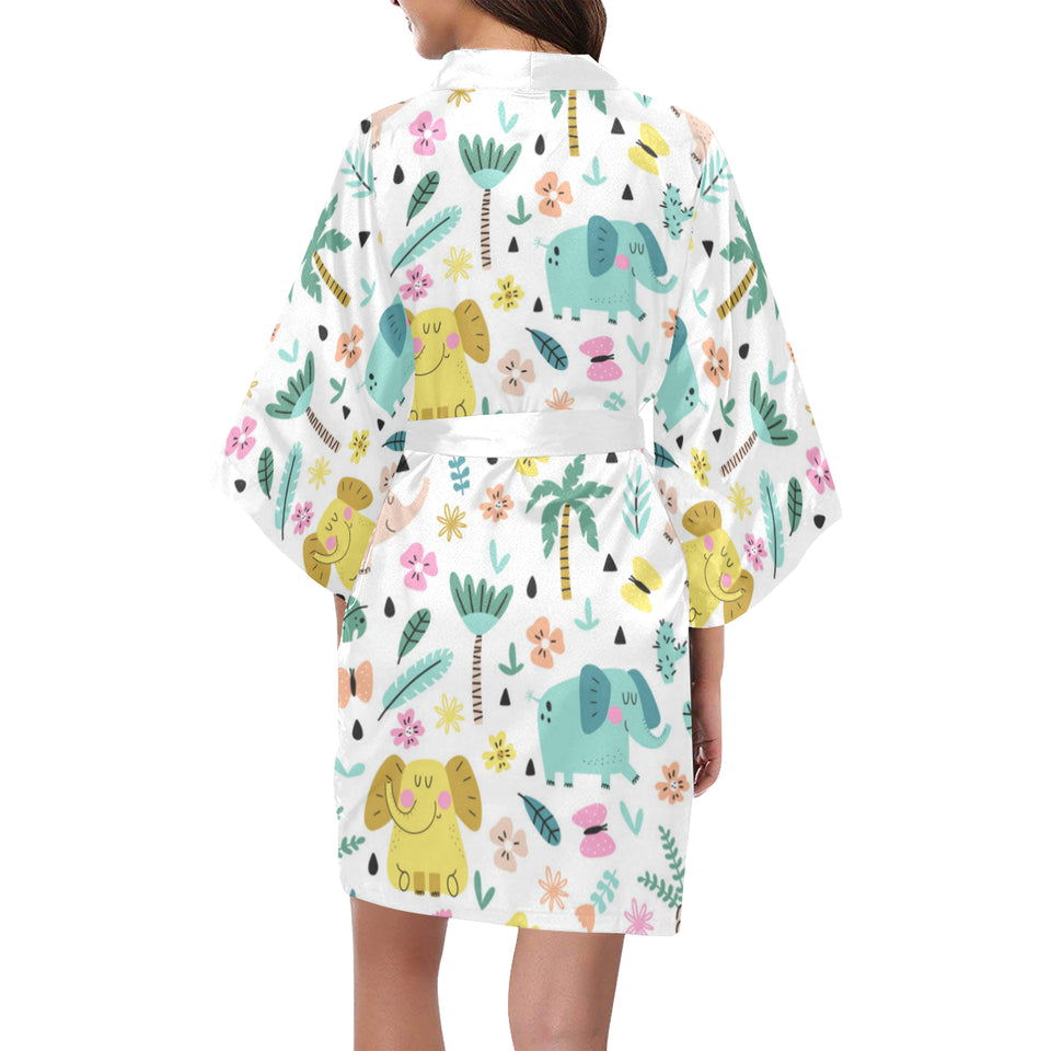Cute elephants palm tree flower butterfly pattern Women's Short Kimono Robe