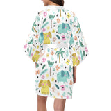 Cute elephants palm tree flower butterfly pattern Women's Short Kimono Robe
