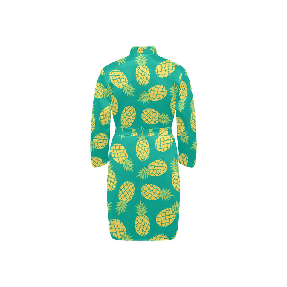Pineapples pattern green background Men's Long Sleeve Belted Night Robe