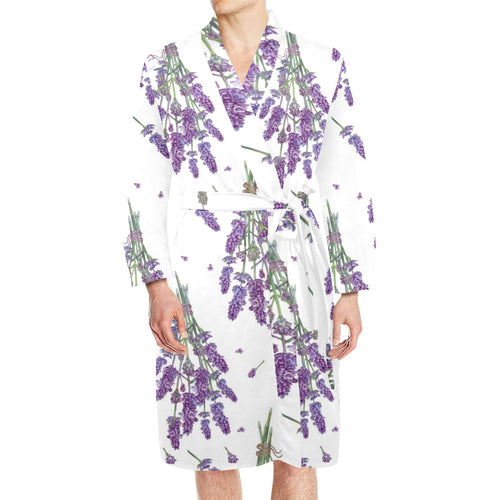lavender flower design pattern Men's Long Sleeve Belted Night Robe