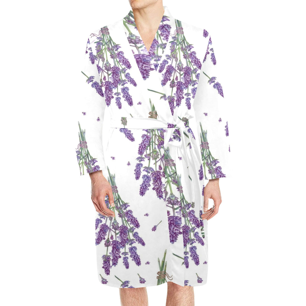 lavender flower design pattern Men's Long Sleeve Belted Night Robe