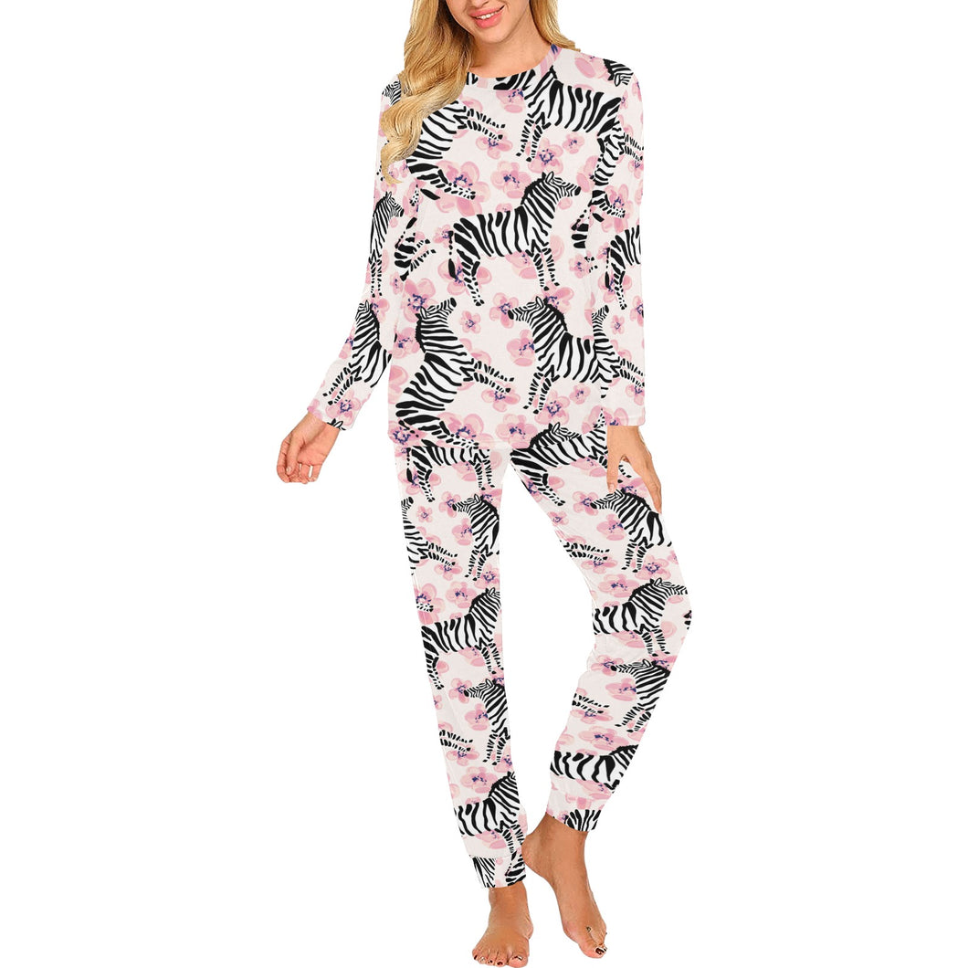 Zebra pink flower background Women's All Over Print Pajama Set