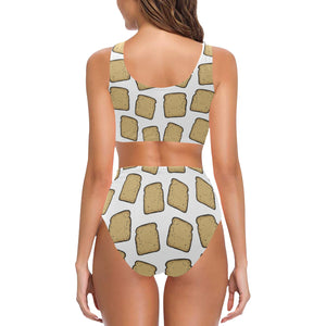 Bread Toast Pattern Print Design 03 Chest Bowknot High Waisted Bikini Swimsuit