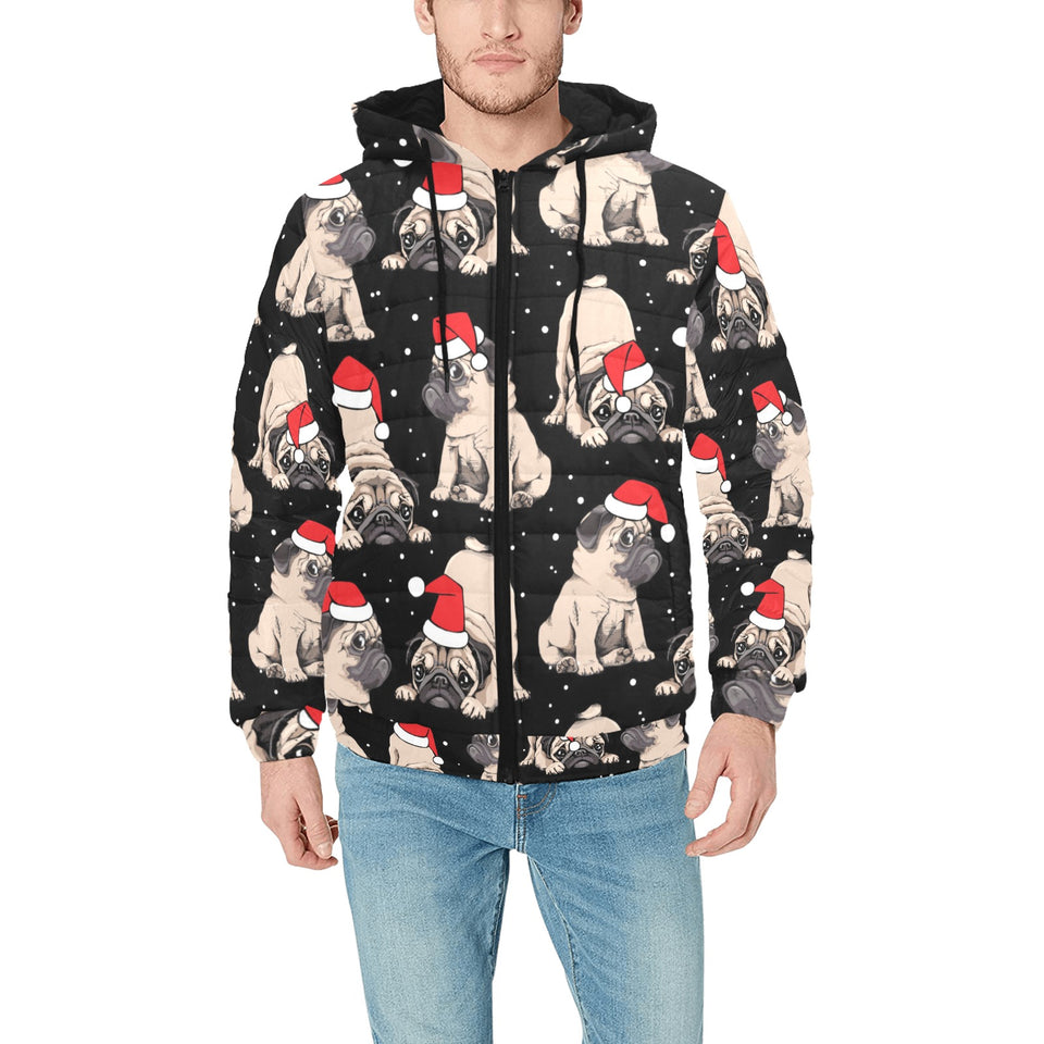 Christmas Pugs Santa_s red cap pattern Men's Padded Hooded Jacket