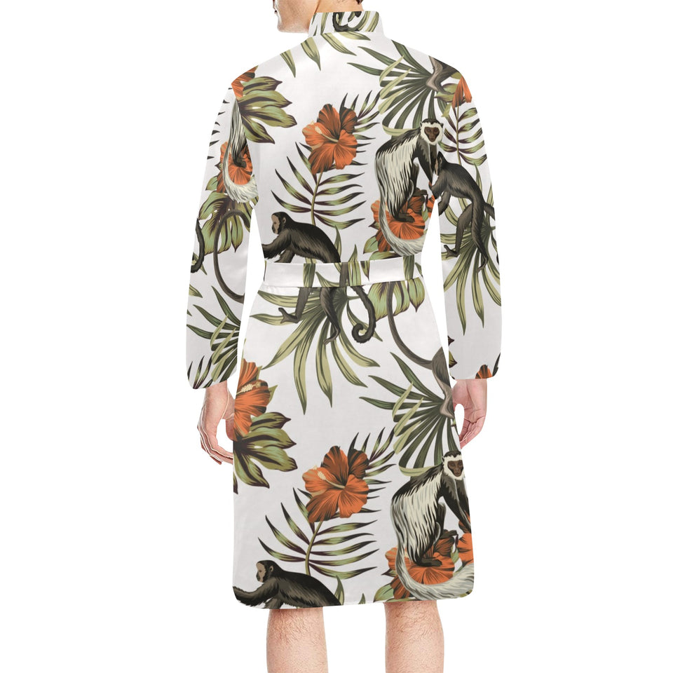 Monkey red hibiscus flower palm leaves floral patt Men's Long Sleeve Belted Night Robe