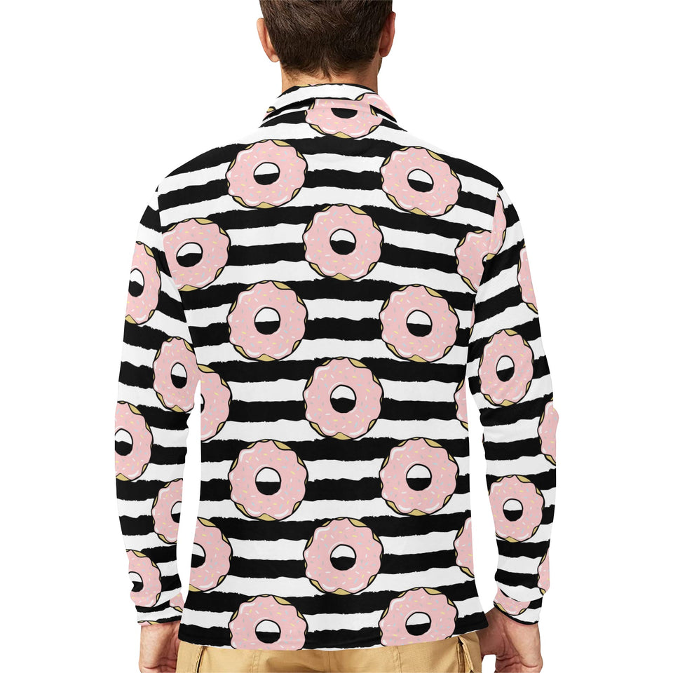 Donuts pink icing striped pattern Men's Long Sleeve Polo Shirt