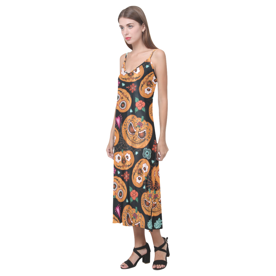Pumpkin flowers spiderweb Halloween theme V-Neck Open Fork Long Dress