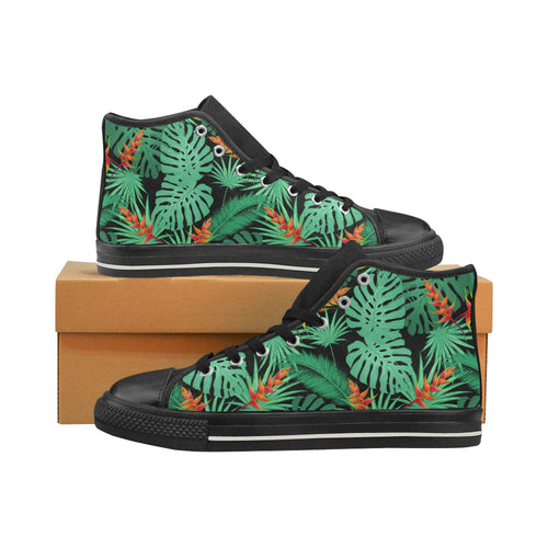 heliconia flower palm monstera leaves black backgr Women's High Top Canvas Shoes Black