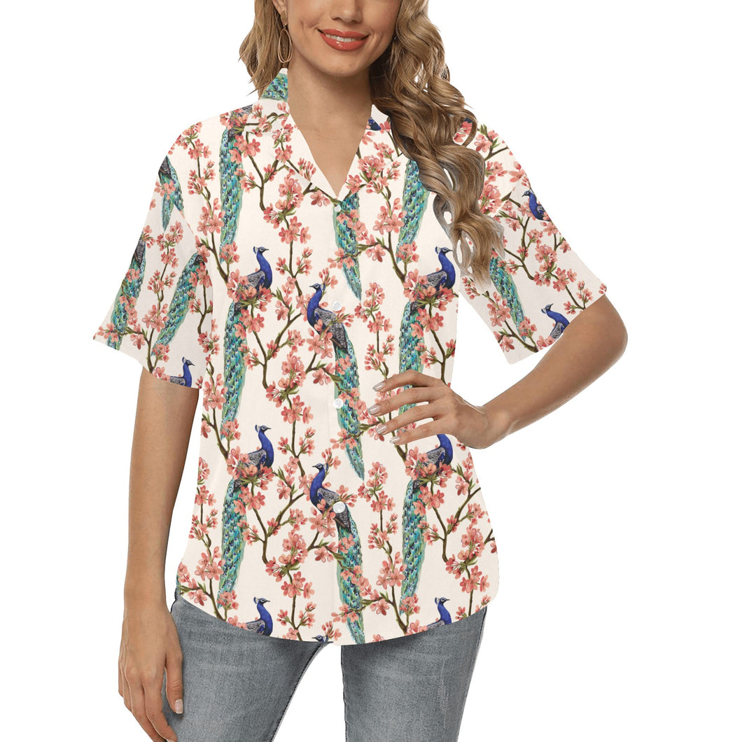 Peacock tropical flower pattern Women's All Over Print Hawaiian Shirt