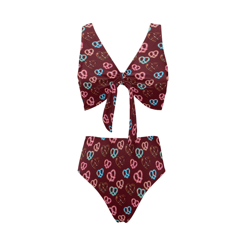 Pretzels Pattern Print Design 05 Chest Bowknot High Waisted Bikini Swimsuit