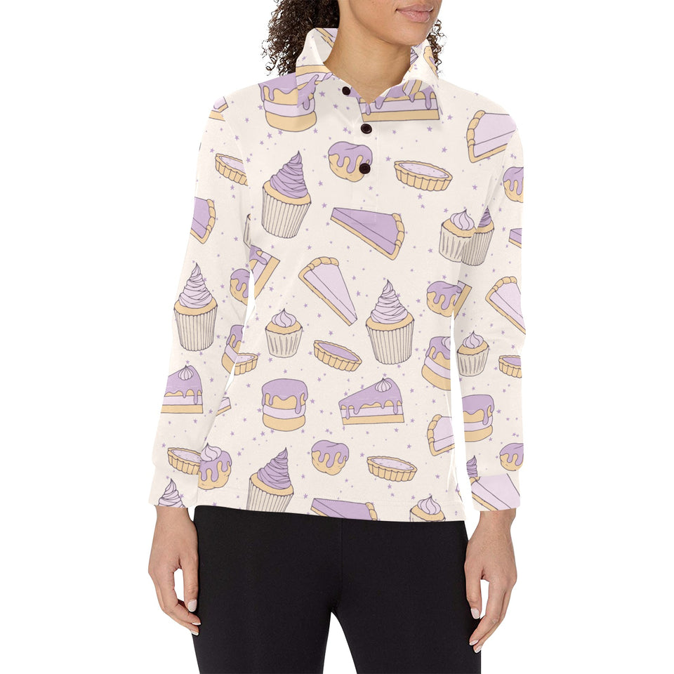 Cakes pies tarts muffins and eclairs purple bluebe Women's Long Sleeve Polo Shirt