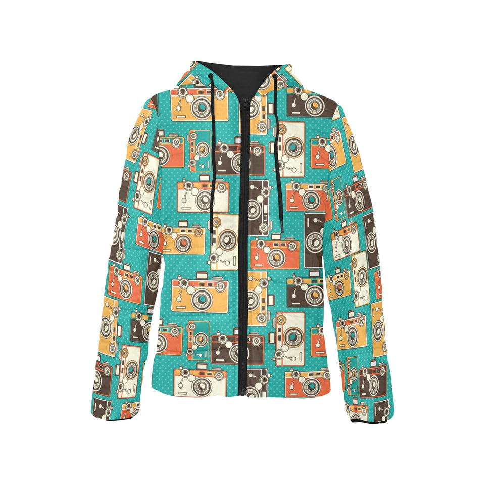 Camera Pattern Print Design 03 Women's Padded Hooded Jacket