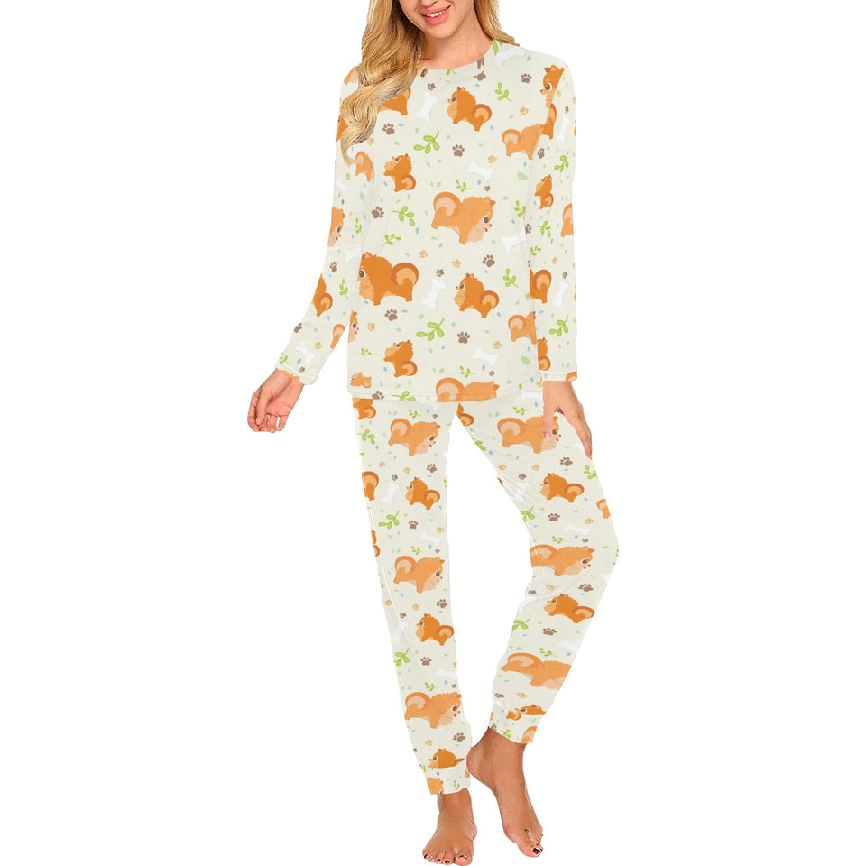 Cute brown pomeranian paw leave bone pattern Women's All Over Print Pajama Set