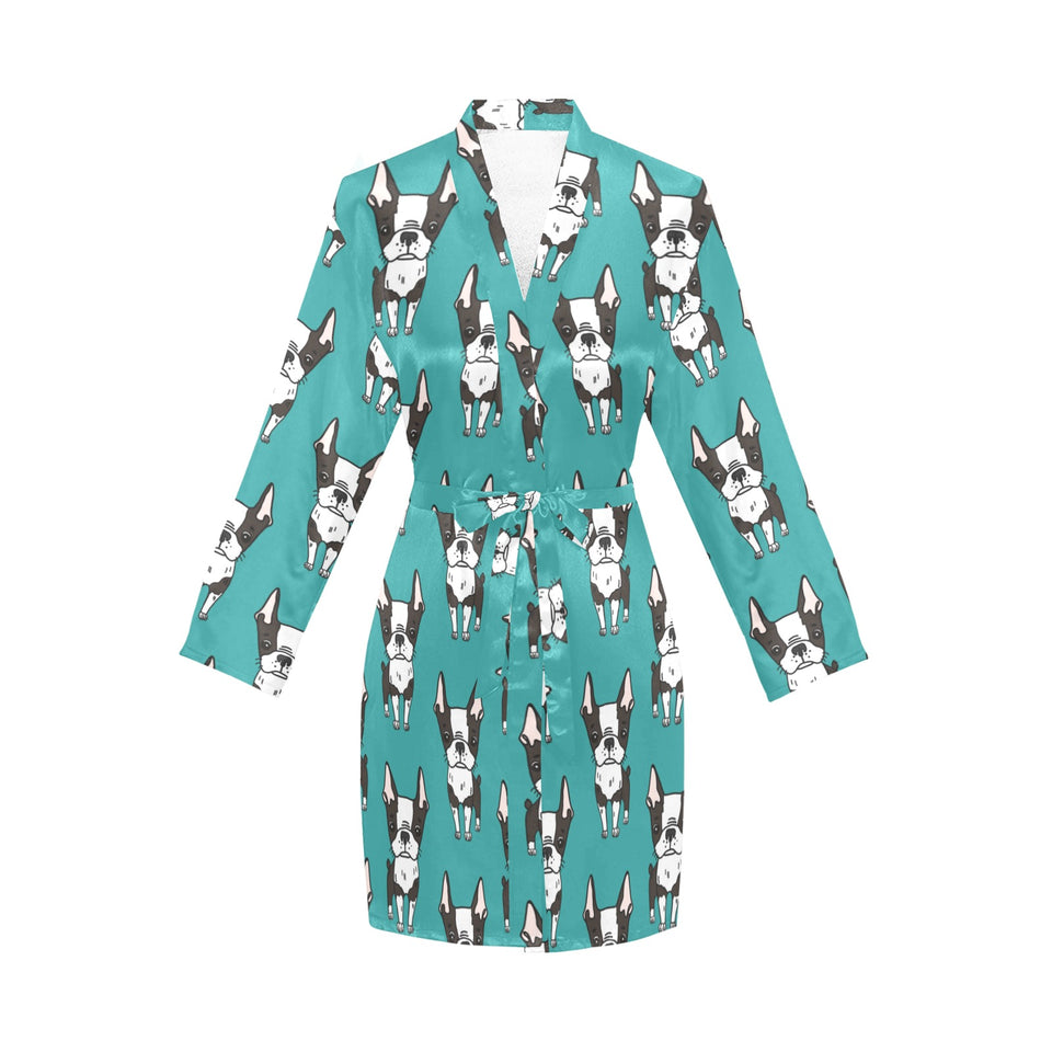 Hand drawn boston terrier dog pattern Women's Long Sleeve Belted Night Robe
