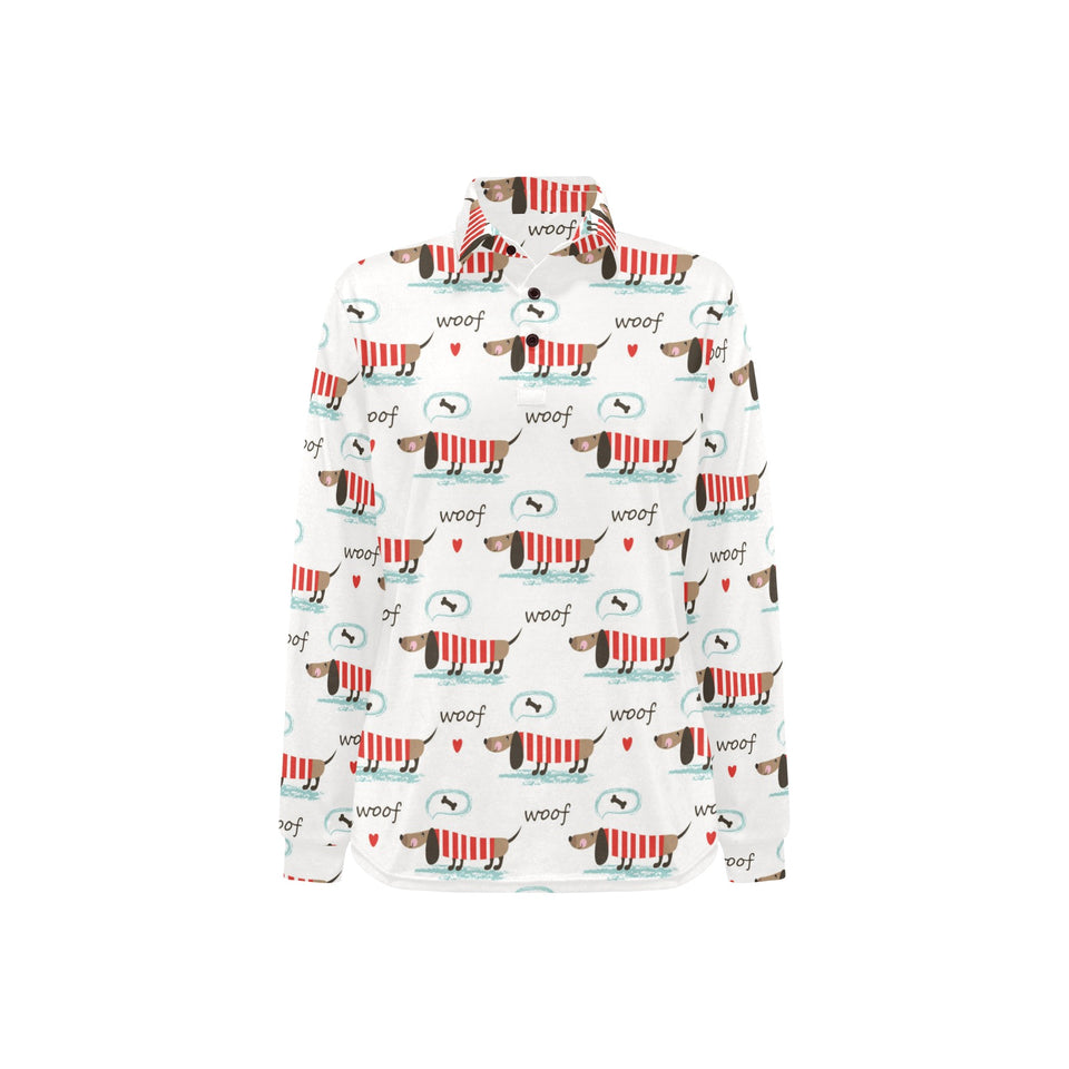 Cute dachshund bone pattern Women's Long Sleeve Polo Shirt