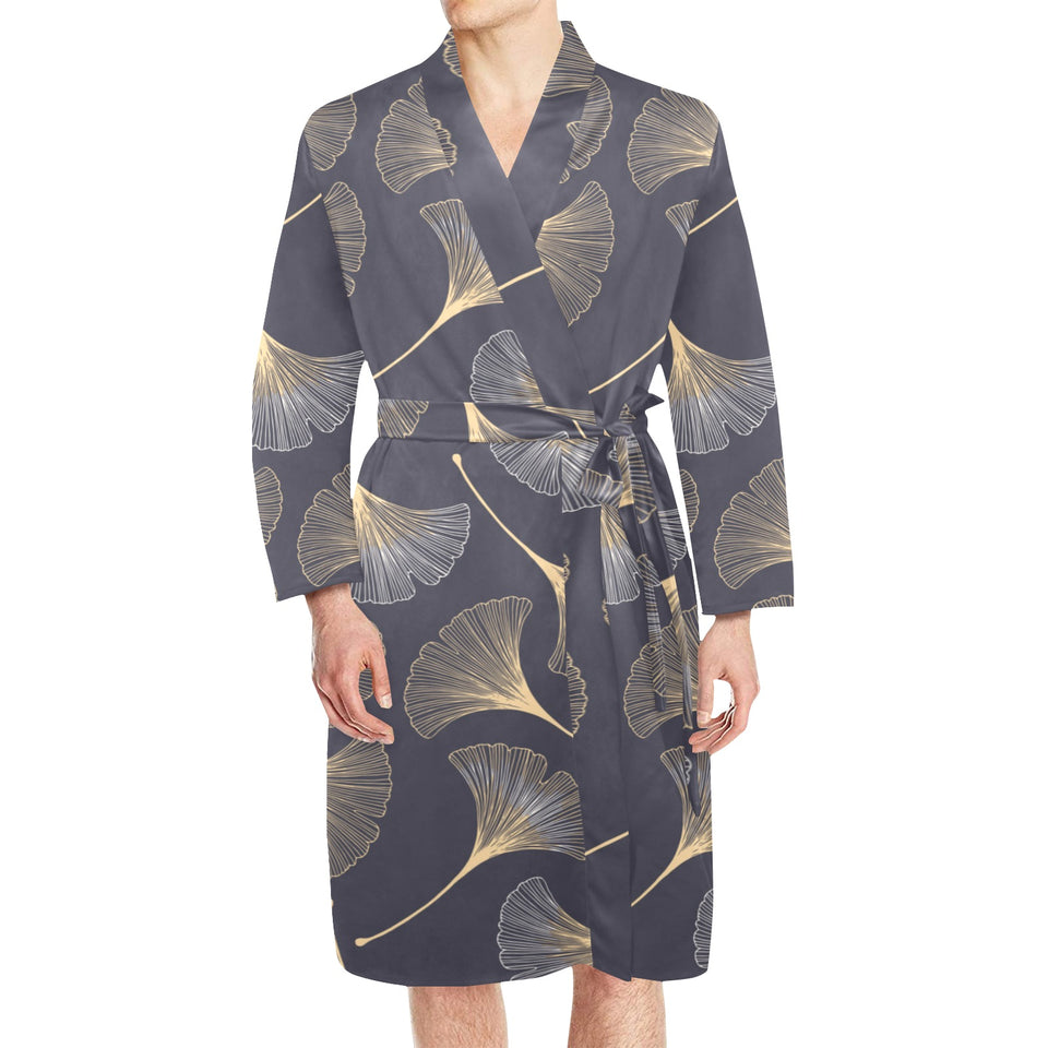 Gold ginkgo leaves Men's Long Sleeve Belted Night Robe