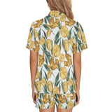 yellow tulips pattern Women's V-Neck Short Pajama Set