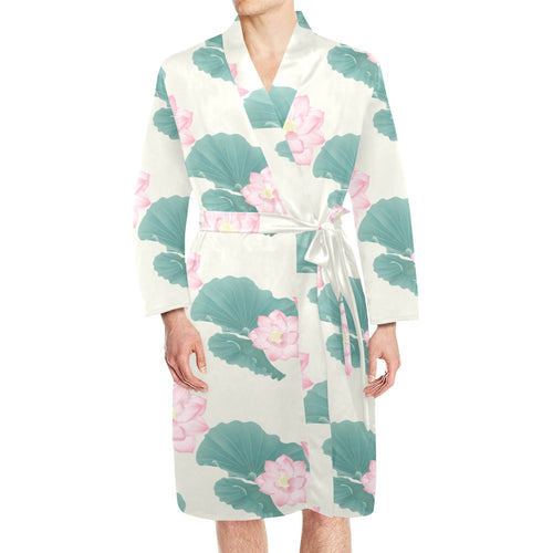 Pink lotus waterlily leaves pattern Men's Long Sleeve Belted Night Robe