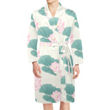 Pink lotus waterlily leaves pattern Men's Long Sleeve Belted Night Robe