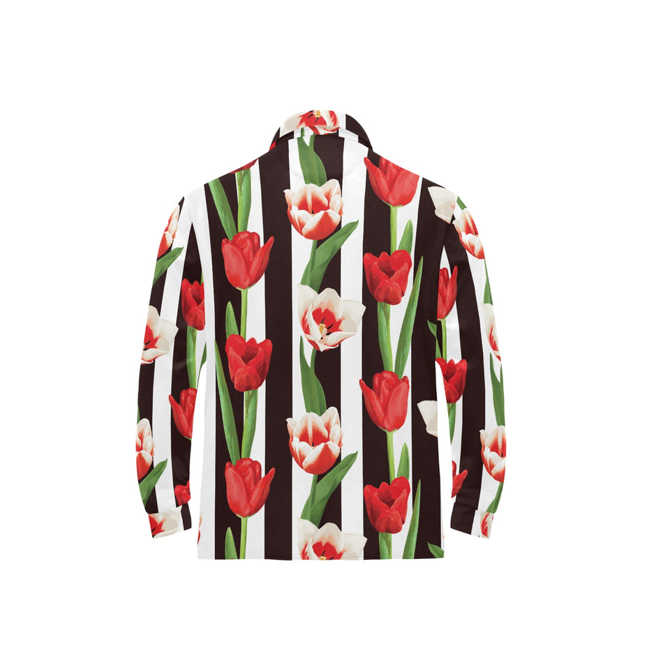 red and white tulips pattern Men's Long Sleeve Polo Shirt