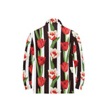 red and white tulips pattern Men's Long Sleeve Polo Shirt