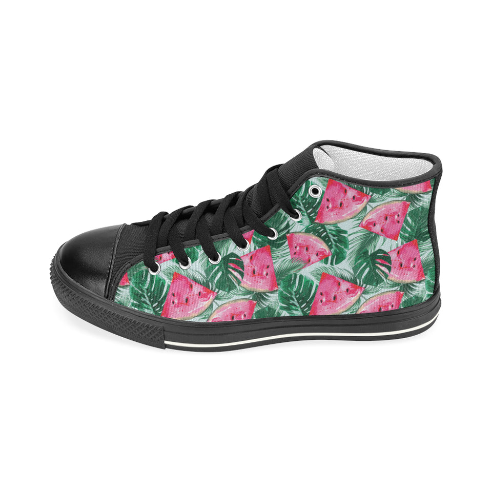 Watermelons tropical palm leaves pattern Women's High Top Canvas Shoes Black