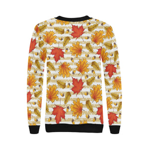 Maple leaf oak leaf acorns beige striped backgroun Women's Crew Neck Sweatshirt