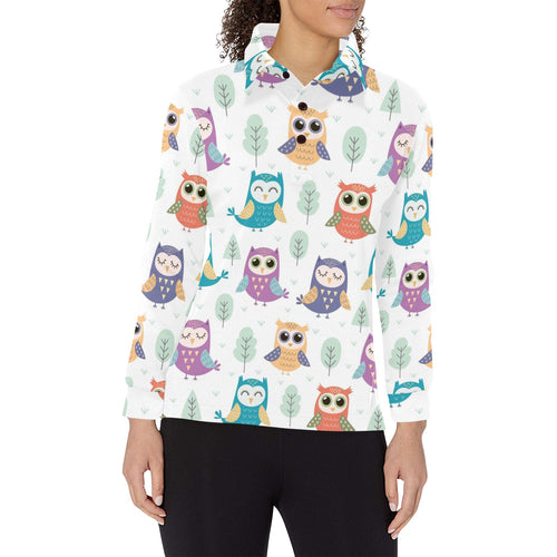 Cute owl pattern Women's Long Sleeve Polo Shirt