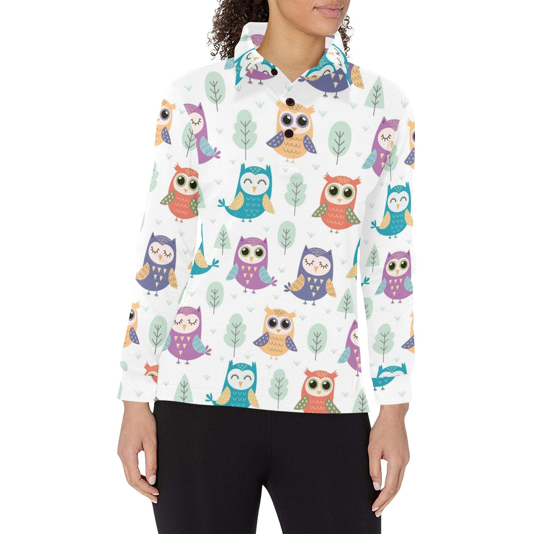 Cute owl pattern Women's Long Sleeve Polo Shirt