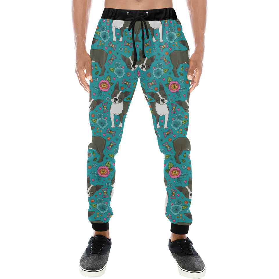 Boston terrier beautiful flower pattern Unisex Casual Sweatpants