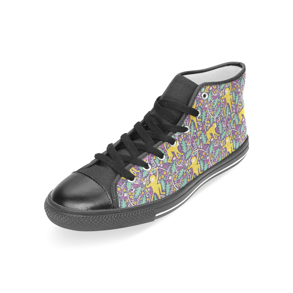 Cute yellow monkey leaves pattern Women's High Top Canvas Shoes Black