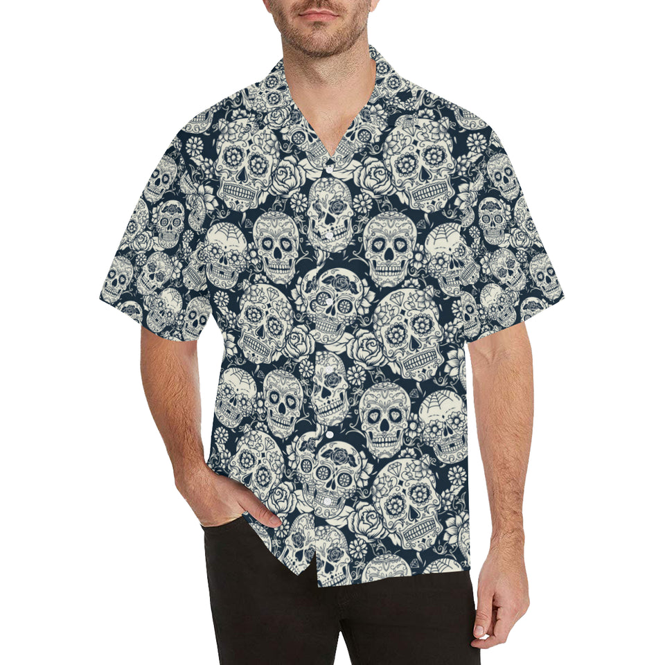 Sugar skull black white pattern Men's All Over Print Hawaiian Shirt