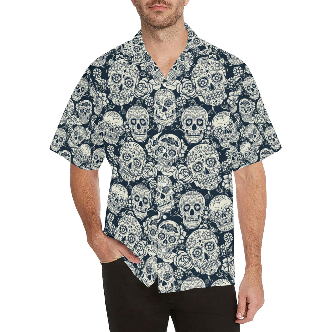 Sugar skull black white pattern Men's All Over Print Hawaiian Shirt