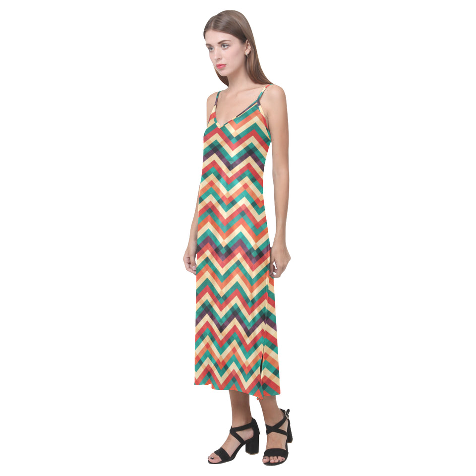 zigzag  chevron colorful pattern V-Neck Open Fork Long Dress