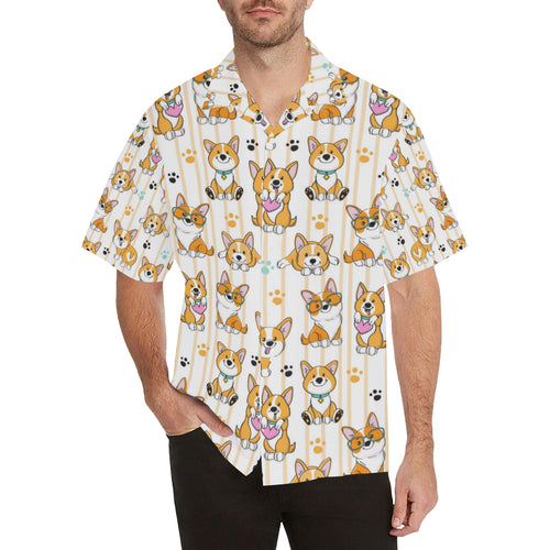 Cute dog corgi striped background pattern Men's All Over Print Hawaiian Shirt