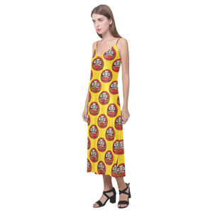 Daruma japanese wooden doll yellow background V-Neck Open Fork Long Dress