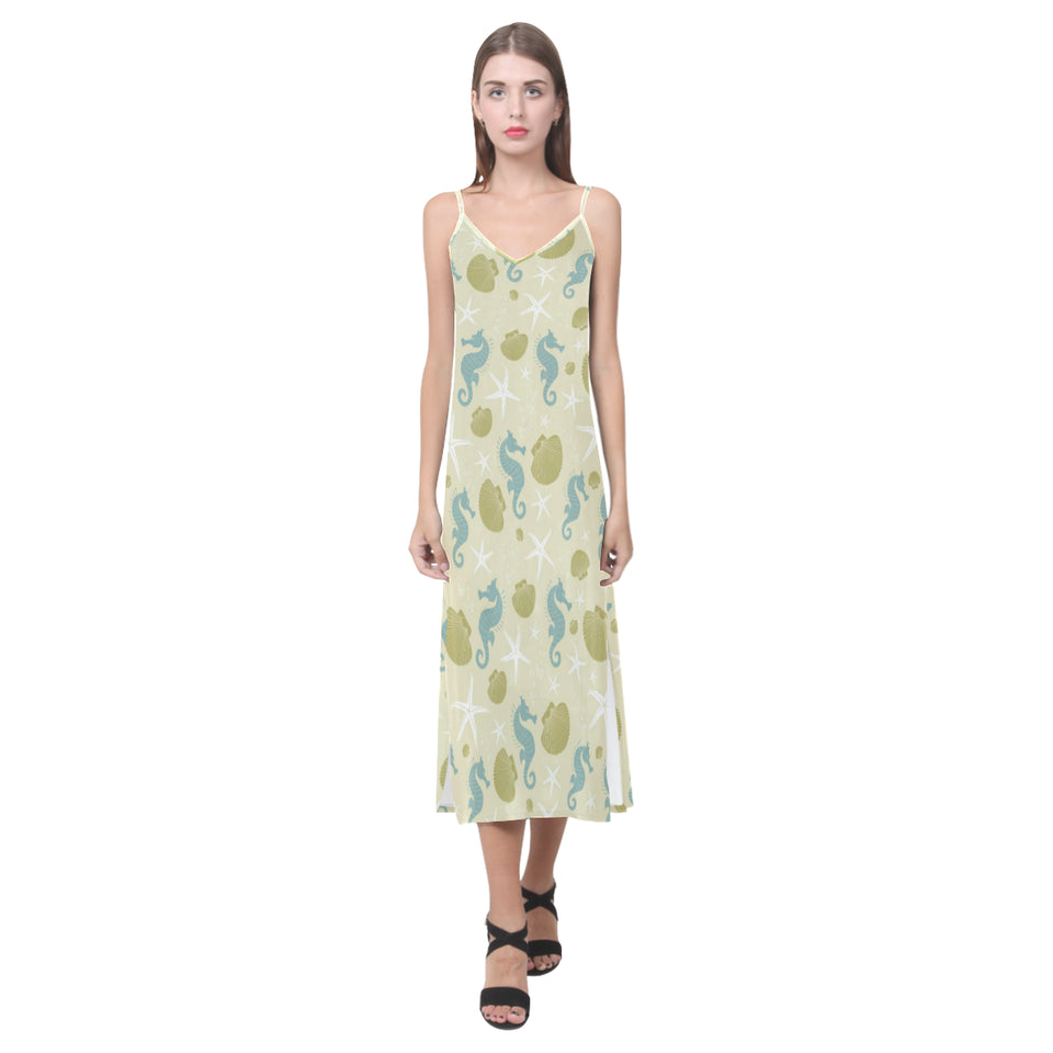 Seahorse shell starfish pattern background V-Neck Open Fork Long Dress
