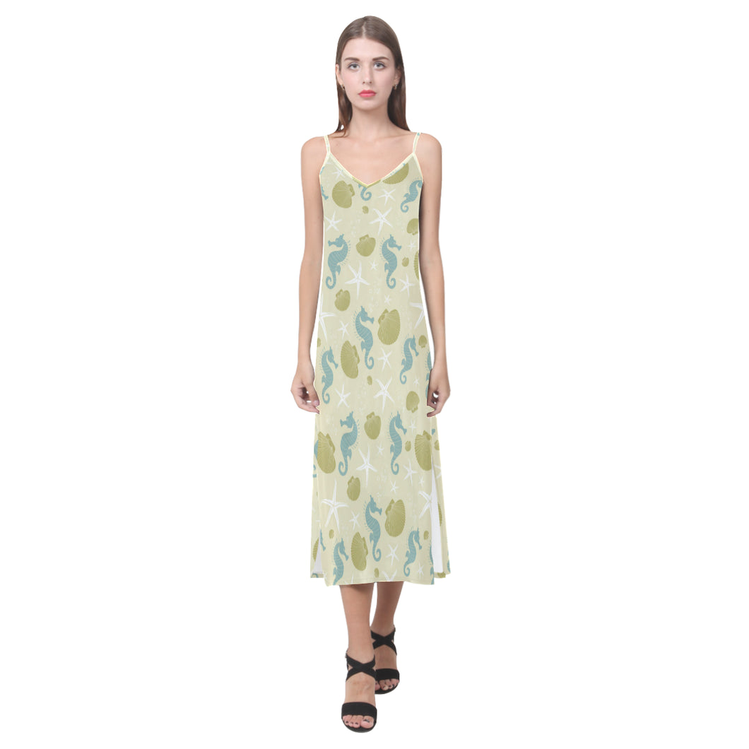Seahorse shell starfish pattern background V-Neck Open Fork Long Dress