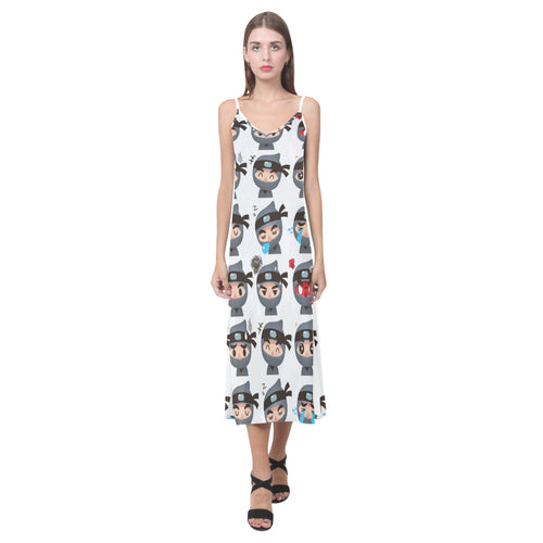 Cute ninja design pattern V-Neck Open Fork Long Dress